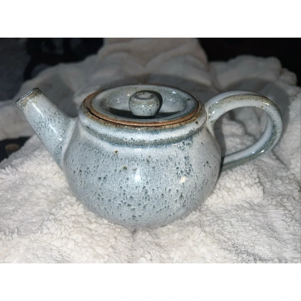 Vintage Speckled Blue Stoneware Pottery Glaze Brown Trim Teapot